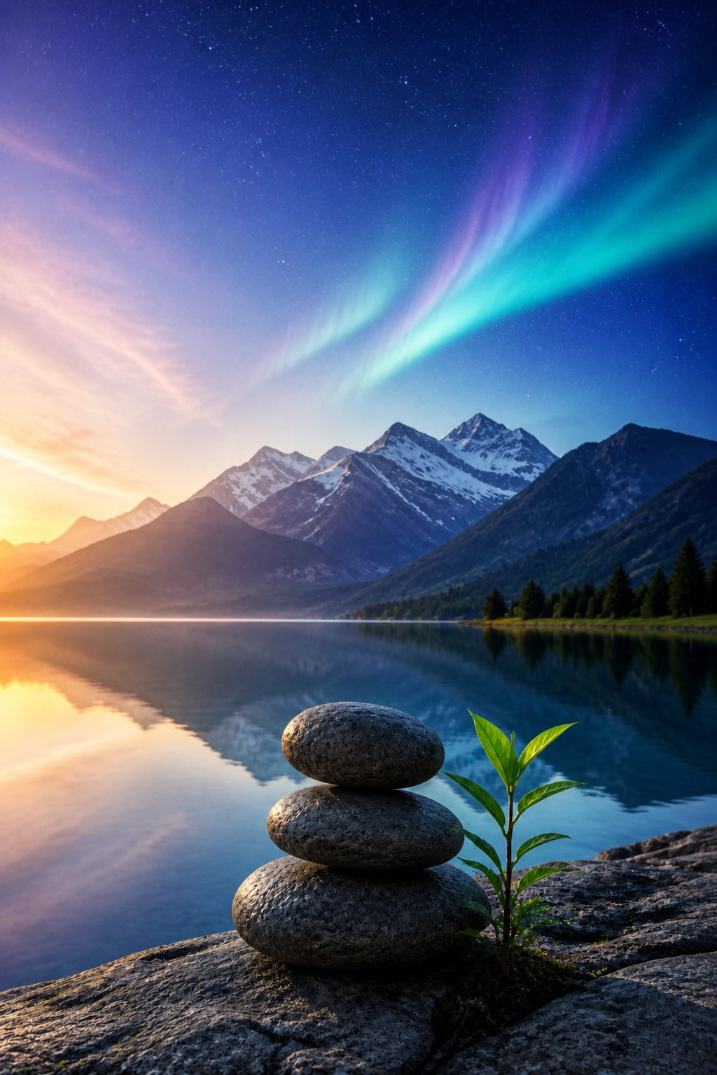 Three balanced river stones and a green sprig beside an alpine lake beneath a day-to-night aurora sky